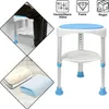 A collage of images showing a shower stool, its features, and accessories. Produktbild-Vorschau