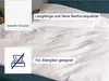 A white duvet cover is spread out on a bed, with text overlays highlighting its features. Produktbild-Vorschau