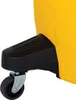 A close-up view of the bottom corner of a yellow vacuum cleaner, showing a black foot pedal and a silver caster wheel. Produktbild-Vorschau