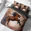 A bedroom scene with a bed featuring a duvet cover and pillowcases with a horse print. Produktbild-Vorschau