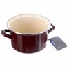 A brown enamel pot with two handles and a cream interior, placed on a white background with a dark tag attached to one handle. Produktbild-Vorschau