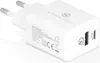 A white dual USB power adapter with two ports, one USB-A and one USB-C, is shown at an angle on a white background. The adapter has text and logos printed on its surface. Produktbild-Vorschau