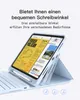 A light blue tablet case with a keyboard and a stylus is shown at an angle, with marketing text above it. Produktbild-Vorschau