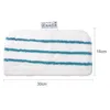 A white microfiber mop pad with blue stripes, shown flat against a white background. Dimensions are indicated. Produktbild-Vorschau