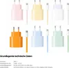 A collage of multiple colored USB-C chargers and cables, with a section of technical specifications below. Produktbild-Vorschau