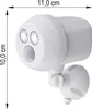 A white motion-activated outdoor spotlight with two LED lights and a motion sensor, shown with dimensions indicated by measurement lines and text. Produktbild-Vorschau
