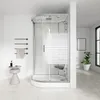 A modern bathroom with a complete shower cabin, towel rack, and a small side table. Anteprima dell’immagine prodotto