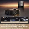 A robotic vacuum cleaner and its charging station are displayed on a reflective surface with dramatic lighting. Three inset images highlight specific features of the vacuum. Produktbild-Vorschau