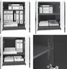 A collage of four images showing a black and gray cabinet with white doors, displaying its interior and exterior. Produktbild-Vorschau