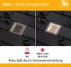 A split image showing a solar LED ground light in two states: off and on, with accompanying text and icons detailing its features and benefits. Produktbild-Vorschau