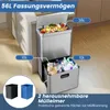 A multi-compartment trash can system is shown in a kitchen setting, with labels indicating capacity and features. Podgląd zdjęcia produktu