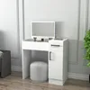 A white vanity table with a mirror and a stool in a room with gray walls. Produktbild-Vorschau