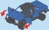 A blue and black off-roader toy truck made of building blocks, shown from a slightly elevated angle. Red arrows indicate the movement of the front doors and the front wheels. Náhľad obrázku produktu