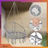 A collage of images showing a hanging chair, close-ups of its weave, and a hand demonstrating its flexibility. Voir les images du produit