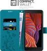 A teal wallet-style phone case is open, showing card slots with cards and cash, and a smartphone with a colorful abstract wallpaper. Náhled obrázku produktu