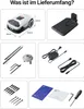 A collage of images showing a robotic lawnmower and its accessories, along with text indicating 'What is included in the delivery?'. Produktbild-Vorschau