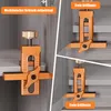 A collage of images showing an orange cabinet door drilling template being used to mark positions on cabinet doors. Produktbild-Vorschau