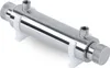 A stainless steel water filter housing with two inlet/outlet ports and knurled end caps, supported by white plastic brackets. Produktbild-Vorschau