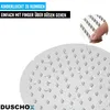 A close-up of a showerhead with water droplets, and a small inset showing a finger cleaning the nozzles. Produktbild-Vorschau