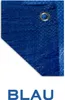 A close-up view of a blue tarp with a grommet, with the word "BLAU" below it. Produktbild-Vorschau