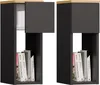 Two identical modern bedside tables with a black body and a wooden top. One is shown with its top cabinet open, revealing a white interior and a book. The other is shown with its top cabinet closed. Both have open shelves at the bottom containing books. Náhled obrázku produktu
