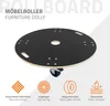 A round furniture dolly with wheels, shown from a diagonal angle, with feature icons and text below. Produktbild-Vorschau