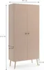 A pink two-door wardrobe with wooden legs and gold handles, shown with dimensions indicated by arrows and text. Produktbild-Vorschau
