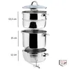 A diagram showing a multi-part stainless steel pot set with dimensions indicated. Produktbild-Vorschau