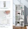 A white bookshelf filled with decorative items and books, presented with marketing text and diagrams. Produktbild-Vorschau