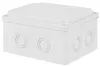 A white electrical junction box with multiple circular knockouts on its sides, shown from a three-quarter angle against a white background. Produktbild-Vorschau