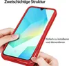 Hands holding a red phone case with a phone inside, demonstrating its structure and ease of installation. Produktbild-Vorschau