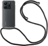 A transparent phone case with a black lanyard attached to it, shown against a white background. Produktbild-Vorschau