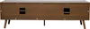 The back view of a brown wooden TV cabinet with legs. Voir les images du produit