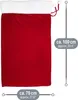 A red velvet Christmas sack with white trim and pom-poms, shown with size indicators. Produktbild-Vorschau