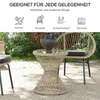 An outdoor patio scene with rattan furniture, including a chair and a side table with a vase on it. The image is overlaid with text and icons indicating suitability for various occasions. Produktbild-Vorschau