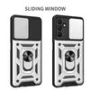 Two views of a phone case with a sliding camera cover and a ring holder, presented on a white background. Produktbild-Vorschau
