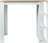 A white and wood-effect bar table with shelves on one side, presented against a white background. Náhled obrázku produktu