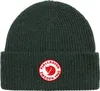 A close-up studio shot of a dark green knitted beanie with a circular red and white logo patch on the front. Anteprima dell’immagine prodotto