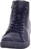A close-up, front-facing view of a dark blue leather high-top sneaker boot. Anteprima dell’immagine prodotto
