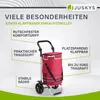 A red shopping trolley with various features highlighted by text overlays. Podgląd zdjęcia produktu
