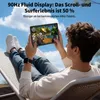 A young person is lying on a lounge chair outdoors, holding a tablet and playing a game. Produktbild-Vorschau