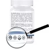 A white bottle of supplements with a label and a magnifying glass showing certifications. Anteprima dell’immagine prodotto