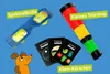 A collection of science toys for children, including a telescope, special glasses, and cards, with a cartoon mouse character. Náhled obrázku produktu
