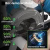 Close-up of a circular saw with overlaid text highlighting its features and a small inset image of a motor. Produktbild-Vorschau