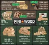 A collage of different types of firewood products with labels and weights. Produktbild-Vorschau