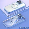 Two clear phone cases with blue metallic edges and a magnetic ring on a light blue and white background. Anteprima dell’immagine prodotto