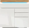 A white sideboard with a wooden top and blue LED lighting. Podgląd zdjęcia produktu