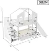 A diagram showing the dimensions of a white bunk bed with a house-shaped top and a slide. Produktbild-Vorschau