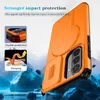 An orange phone case is shown with marketing text and graphics highlighting its features. Produktbild-Vorschau