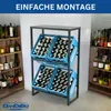 A display of wine bottles organized in crates on a shelving unit, with additional bottles on adjacent shelves. Produktbild-Vorschau